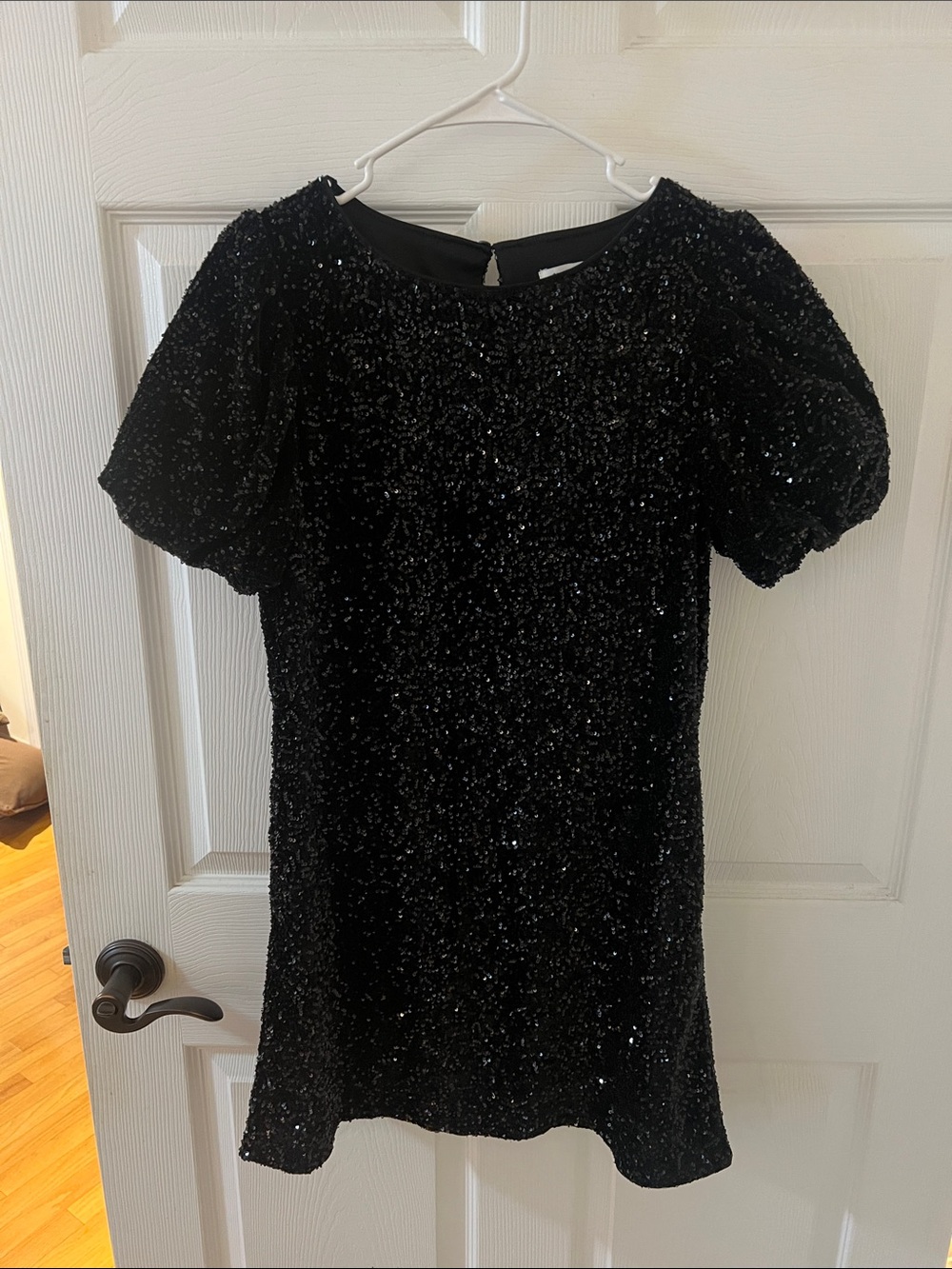 She + Sky Black Sequined Puff-Sleeve Mini Dress